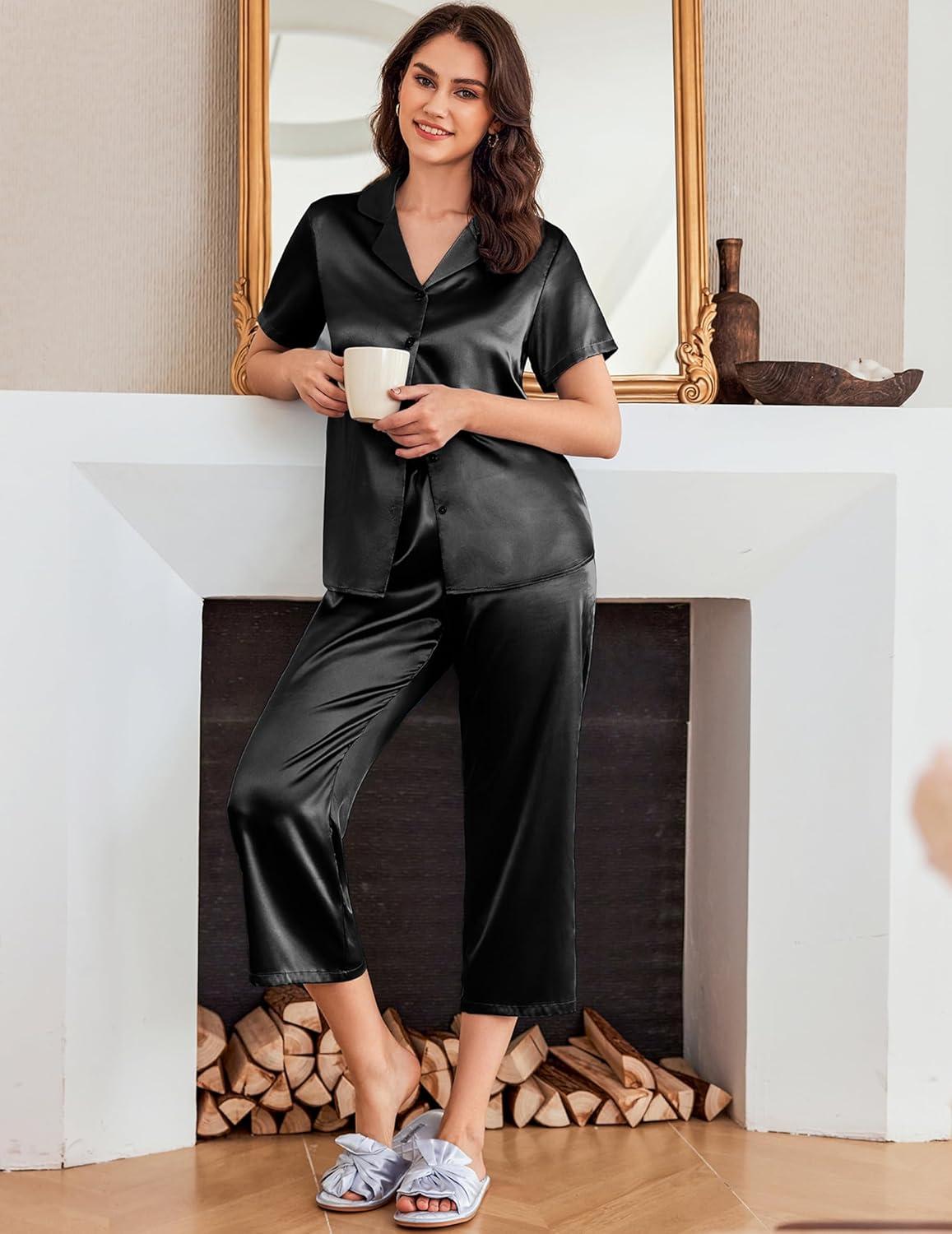 imageEkouaer Womens Satin Pajamas Silk Capri Pjs 2 Piece Lounge Sets Short Sleeve Button Down SleepwearBlack