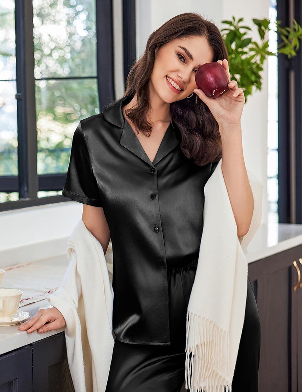 imageEkouaer Womens Satin Pajamas Silk Capri Pjs 2 Piece Lounge Sets Short Sleeve Button Down SleepwearBlack