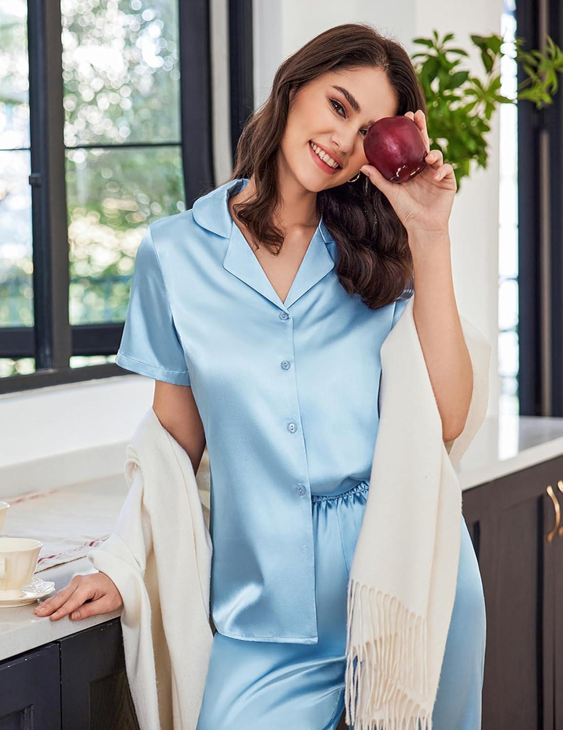 imageEkouaer Womens Satin Pajamas Silk Capri Pjs 2 Piece Lounge Sets Short Sleeve Button Down SleepwearLight Blue