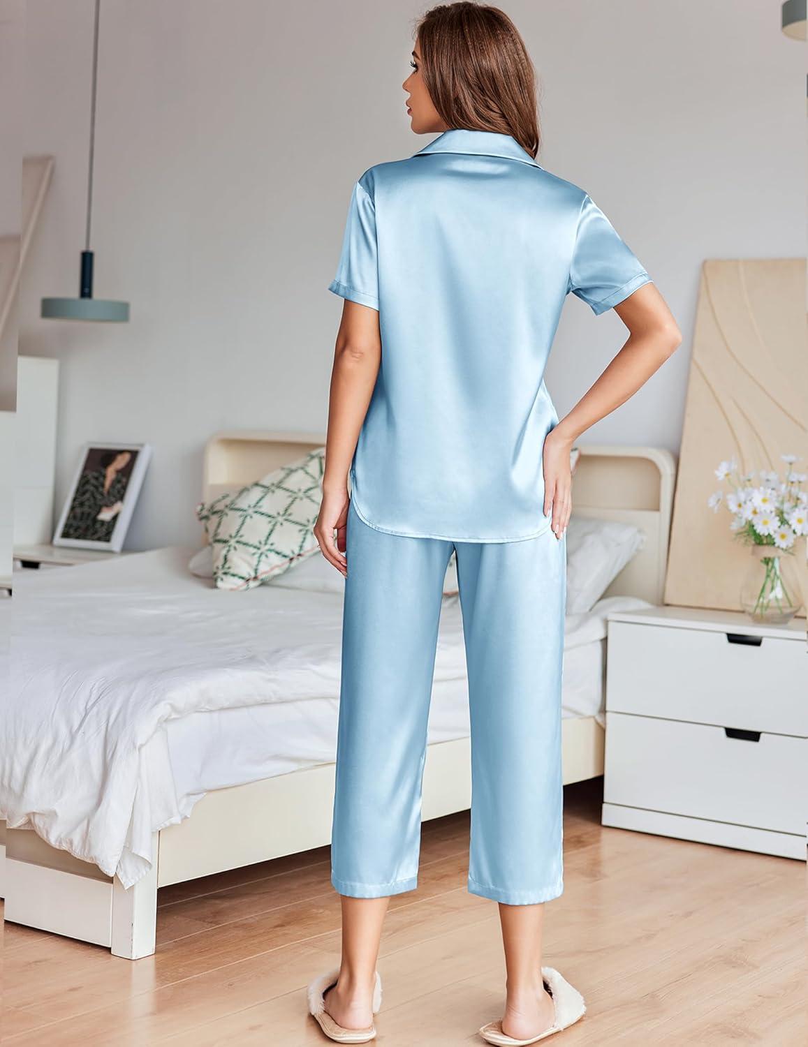 imageEkouaer Womens Satin Pajamas Silk Capri Pjs 2 Piece Lounge Sets Short Sleeve Button Down SleepwearLight Blue