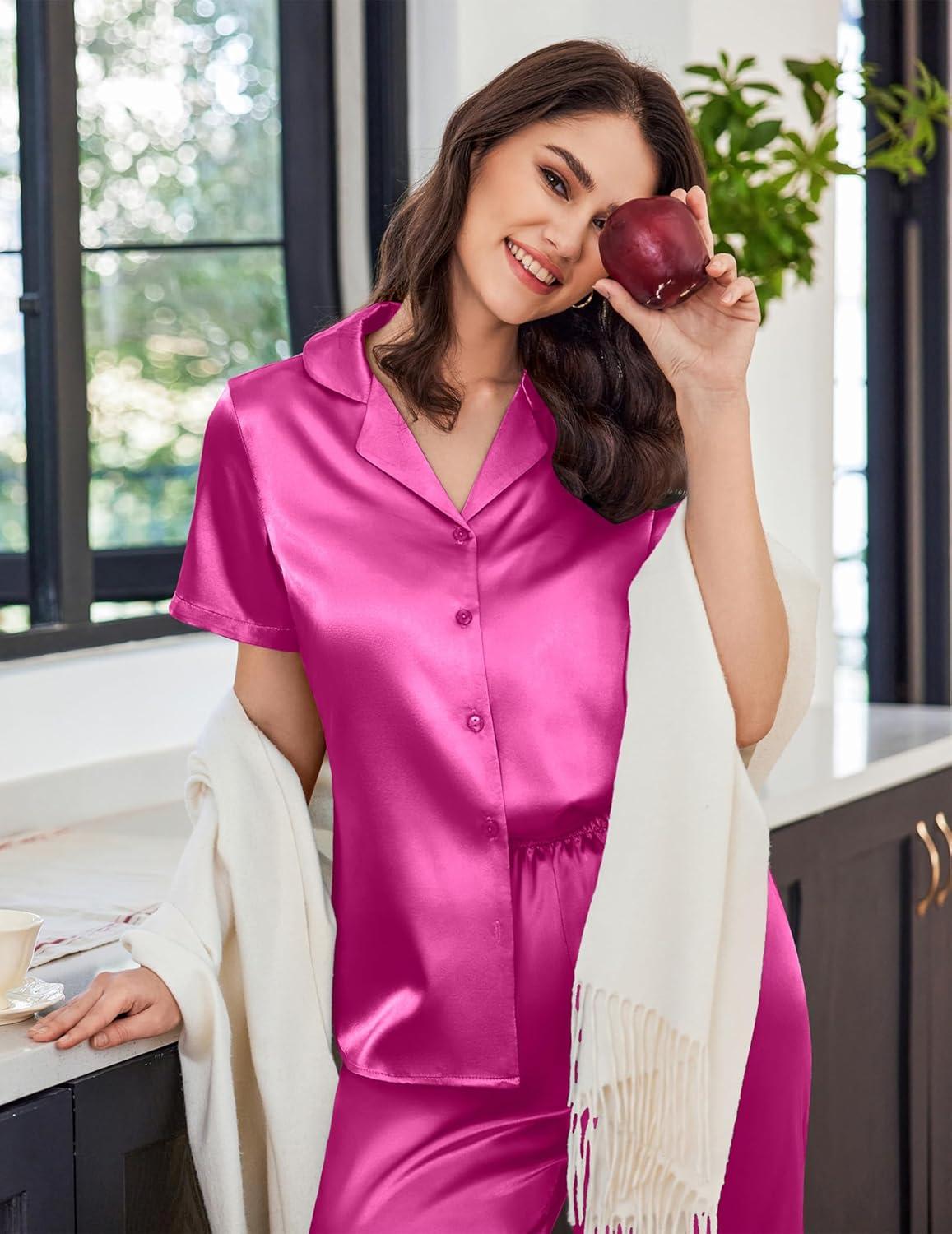 imageEkouaer Womens Satin Pajamas Silk Capri Pjs 2 Piece Lounge Sets Short Sleeve Button Down SleepwearRose Red