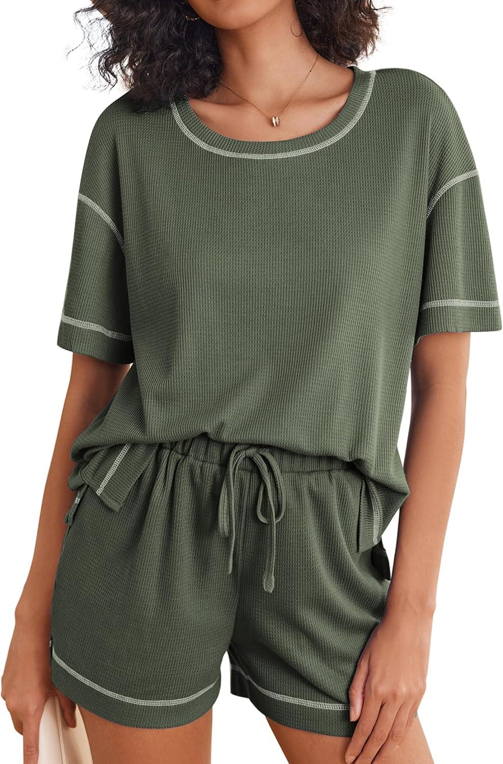 imageEkouaer Womens Waffle Knit Two Piece Lounge Set Soft Matching Outfits for Daily Wear Casual Shorts Set with PocketArmy Green
