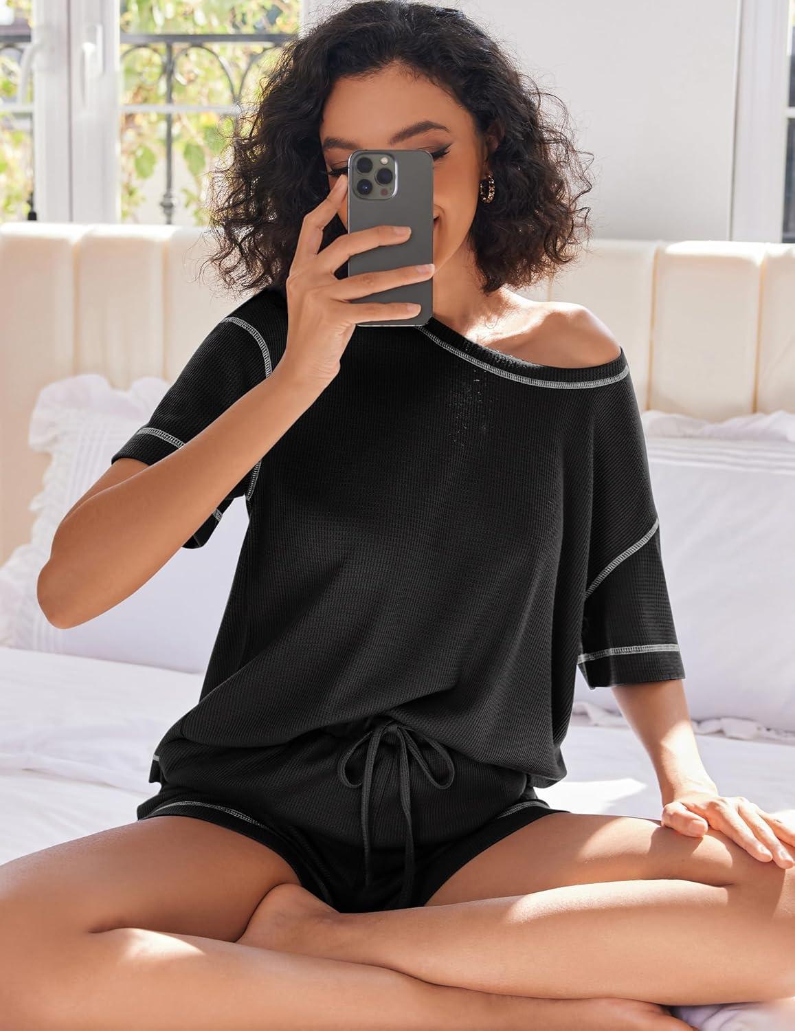 imageEkouaer Womens Waffle Knit Two Piece Lounge Set Soft Matching Outfits for Daily Wear Casual Shorts Set with PocketBlack