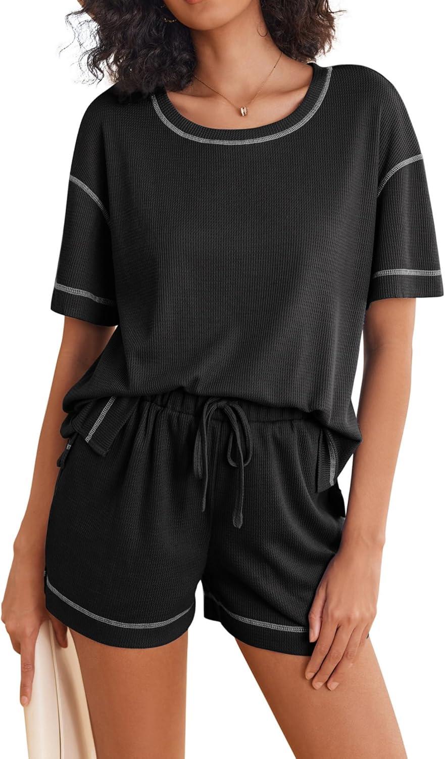 imageEkouaer Womens Waffle Knit Two Piece Lounge Set Soft Matching Outfits for Daily Wear Casual Shorts Set with PocketBlack
