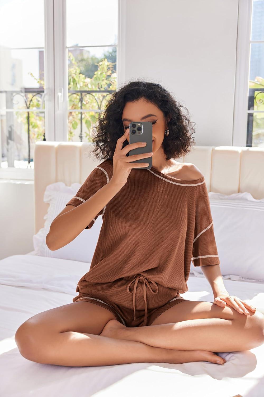 imageEkouaer Womens Waffle Knit Two Piece Lounge Set Soft Matching Outfits for Daily Wear Casual Shorts Set with PocketCaramel Colour