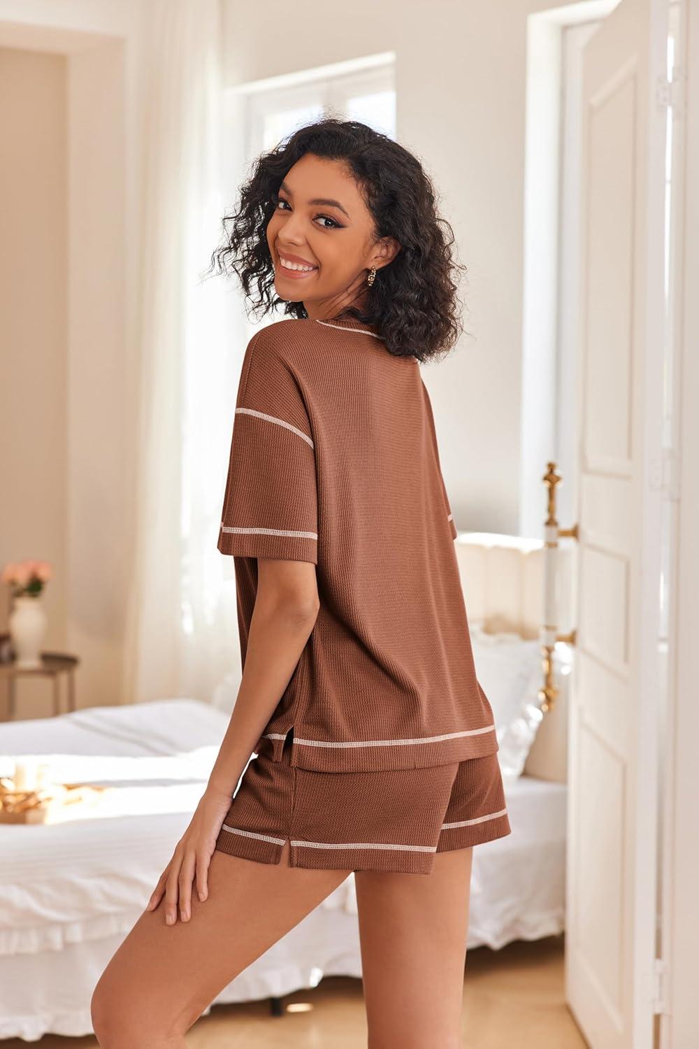 imageEkouaer Womens Waffle Knit Two Piece Lounge Set Soft Matching Outfits for Daily Wear Casual Shorts Set with PocketCaramel Colour