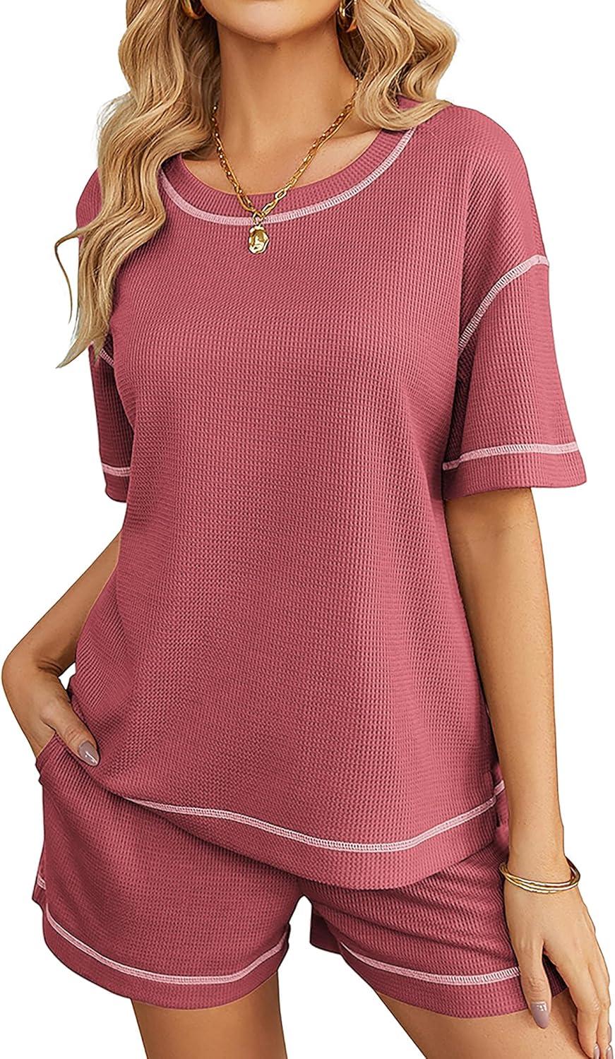 imageEkouaer Womens Waffle Knit Two Piece Lounge Set Soft Matching Outfits for Daily Wear Casual Shorts Set with PocketGray Purple Red