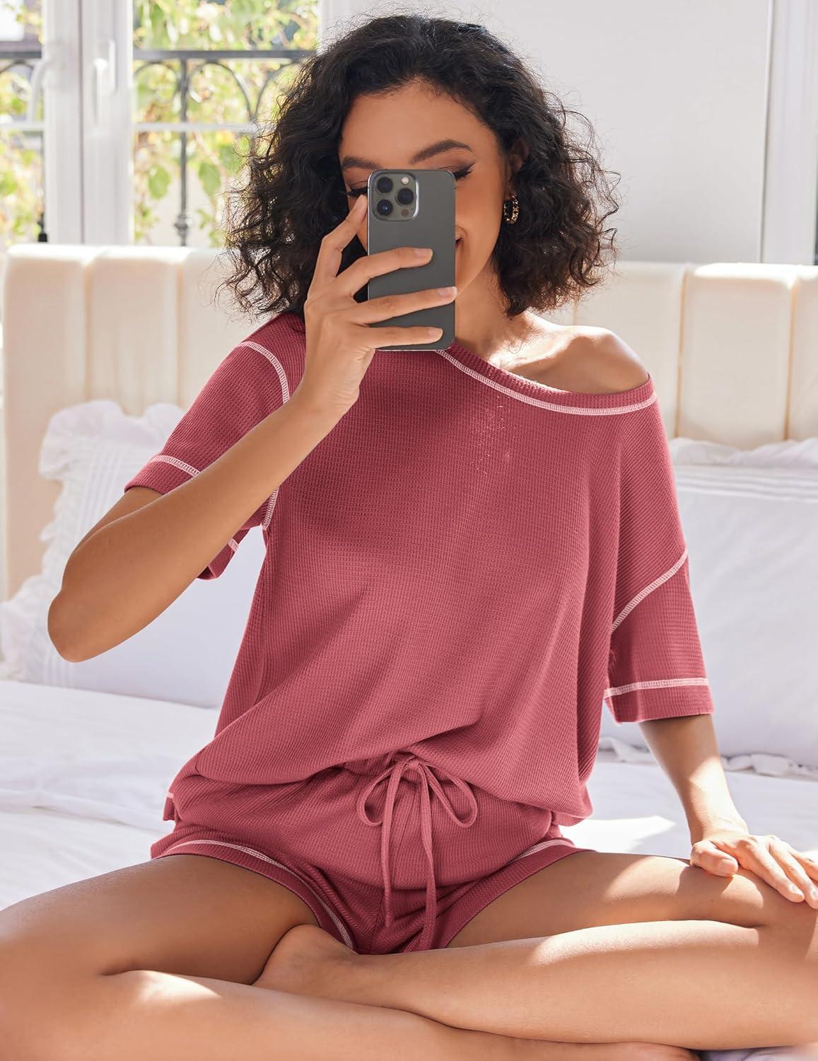 imageEkouaer Womens Waffle Knit Two Piece Lounge Set Soft Matching Outfits for Daily Wear Casual Shorts Set with PocketGray Purple Red