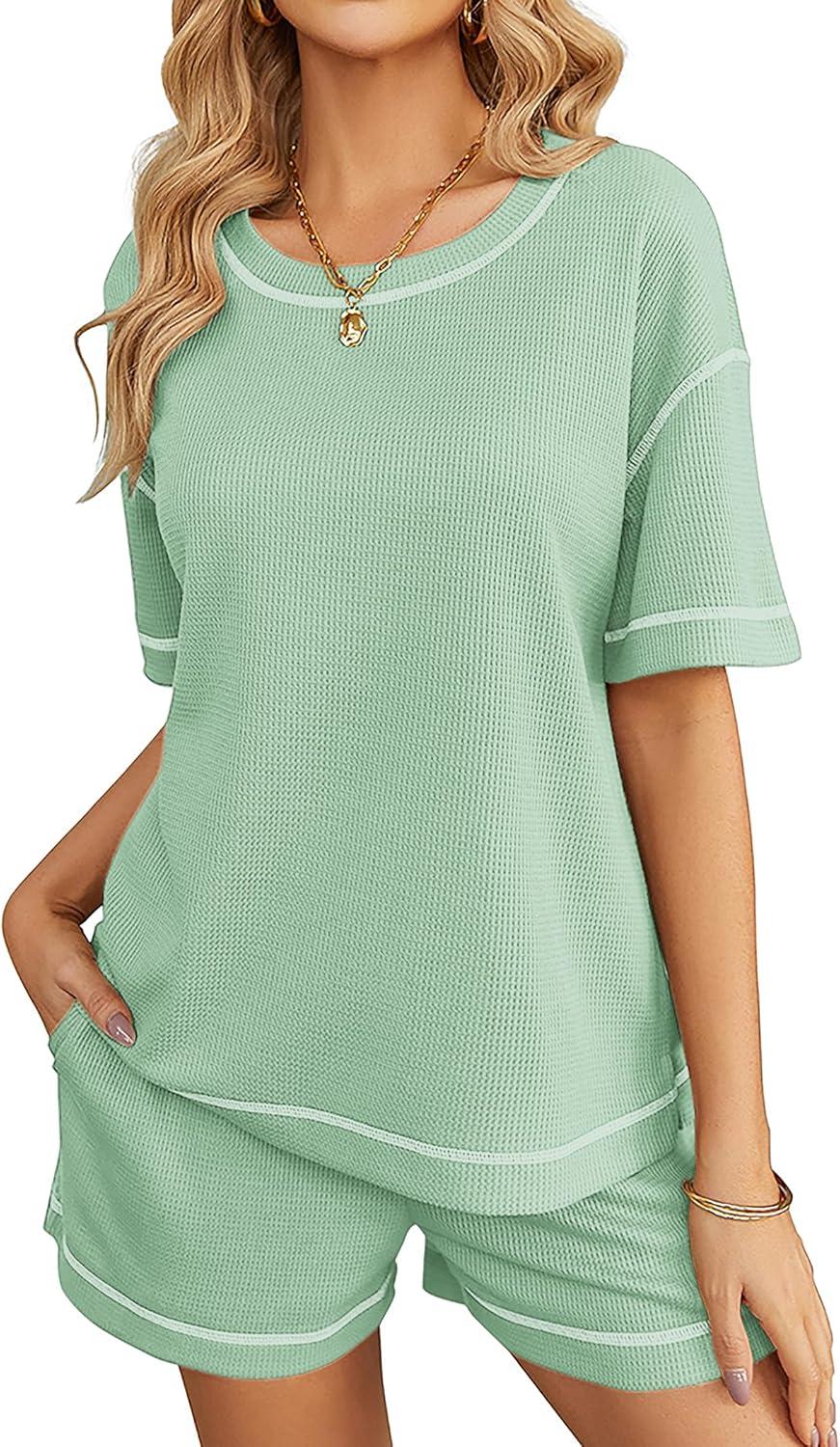 imageEkouaer Womens Waffle Knit Two Piece Lounge Set Soft Matching Outfits for Daily Wear Casual Shorts Set with PocketIce Green