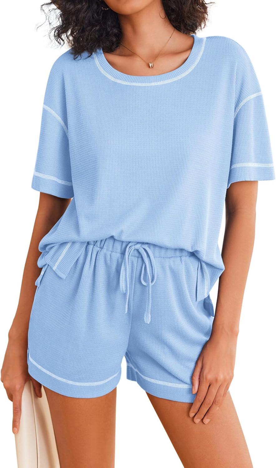 imageEkouaer Womens Waffle Knit Two Piece Lounge Set Soft Matching Outfits for Daily Wear Casual Shorts Set with PocketLight Blue