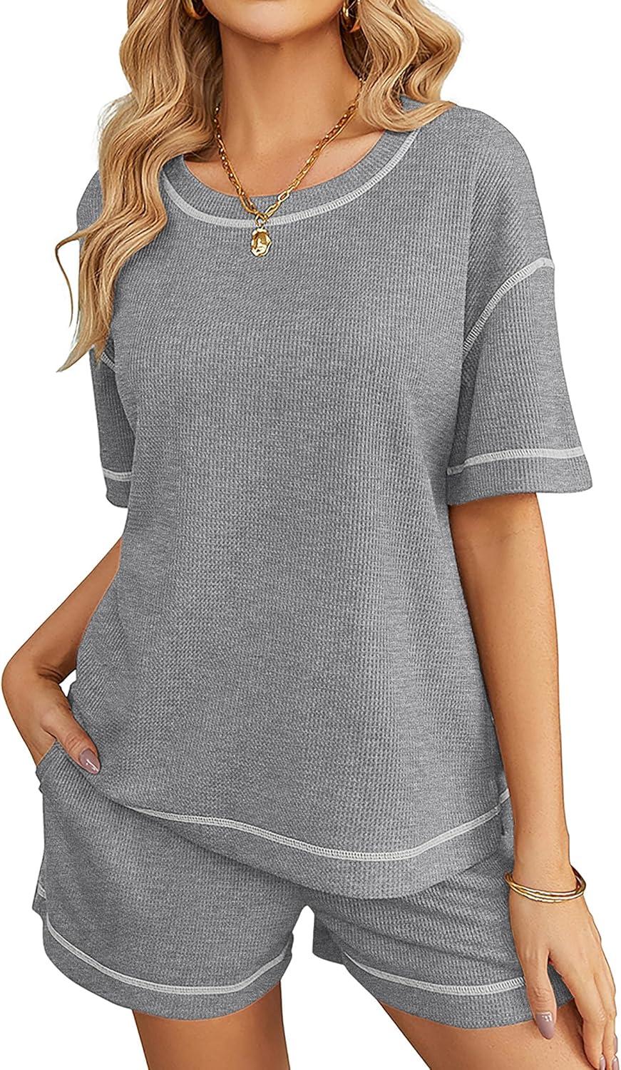 imageEkouaer Womens Waffle Knit Two Piece Lounge Set Soft Matching Outfits for Daily Wear Casual Shorts Set with PocketLight Gray
