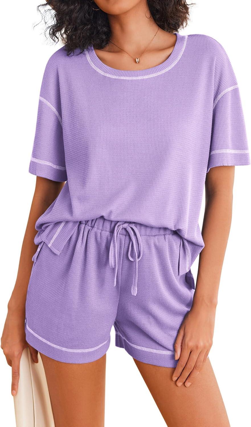 imageEkouaer Womens Waffle Knit Two Piece Lounge Set Soft Matching Outfits for Daily Wear Casual Shorts Set with PocketLilac