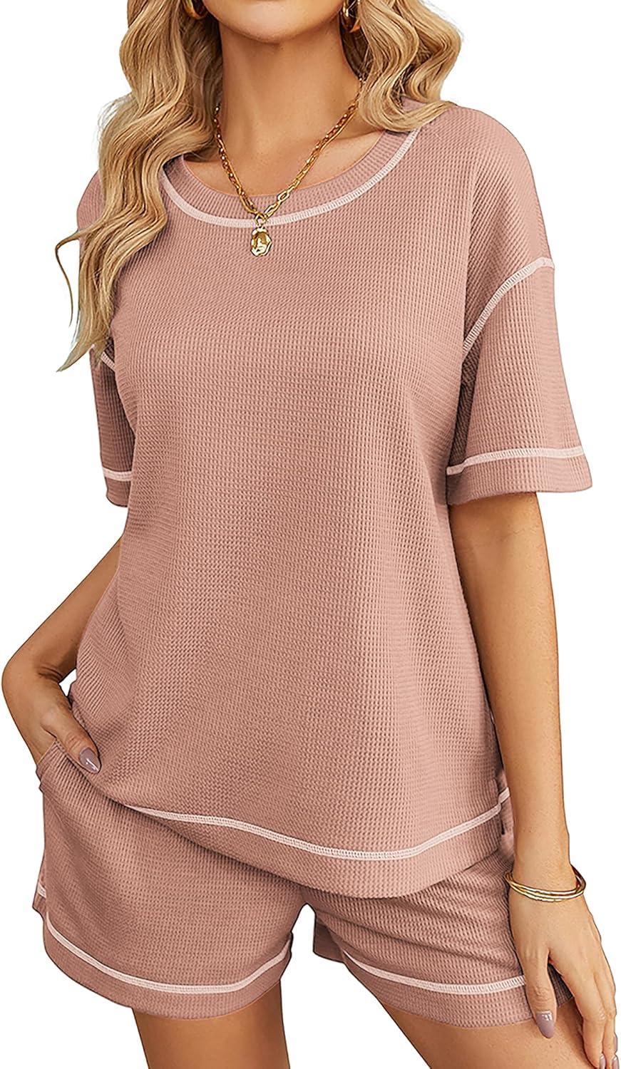 imageEkouaer Womens Waffle Knit Two Piece Lounge Set Soft Matching Outfits for Daily Wear Casual Shorts Set with PocketLotus Root Starch