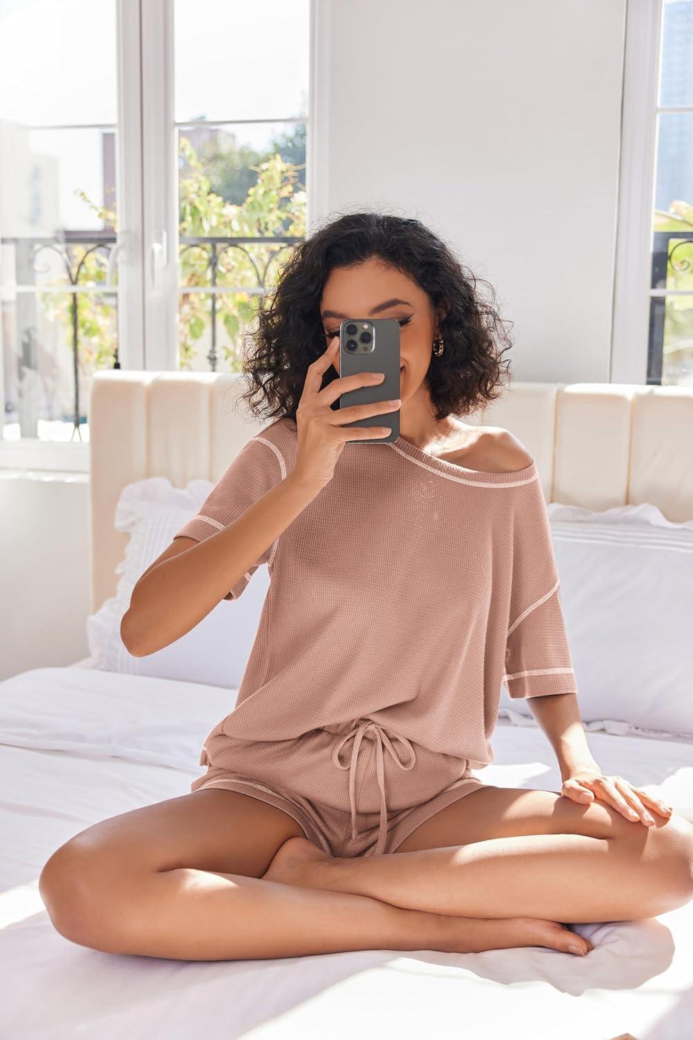imageEkouaer Womens Waffle Knit Two Piece Lounge Set Soft Matching Outfits for Daily Wear Casual Shorts Set with PocketLotus Root Starch