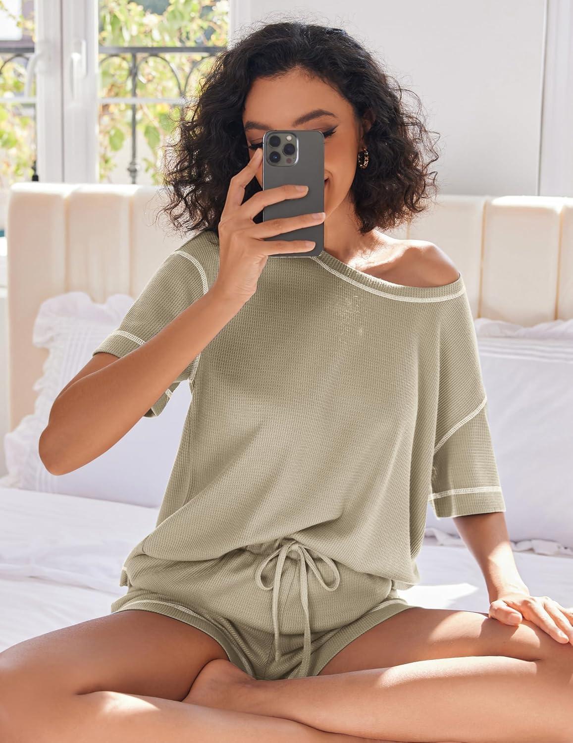 imageEkouaer Womens Waffle Knit Two Piece Lounge Set Soft Matching Outfits for Daily Wear Casual Shorts Set with PocketMoon Gray