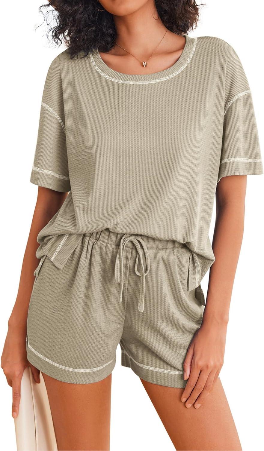 imageEkouaer Womens Waffle Knit Two Piece Lounge Set Soft Matching Outfits for Daily Wear Casual Shorts Set with PocketMoon Gray