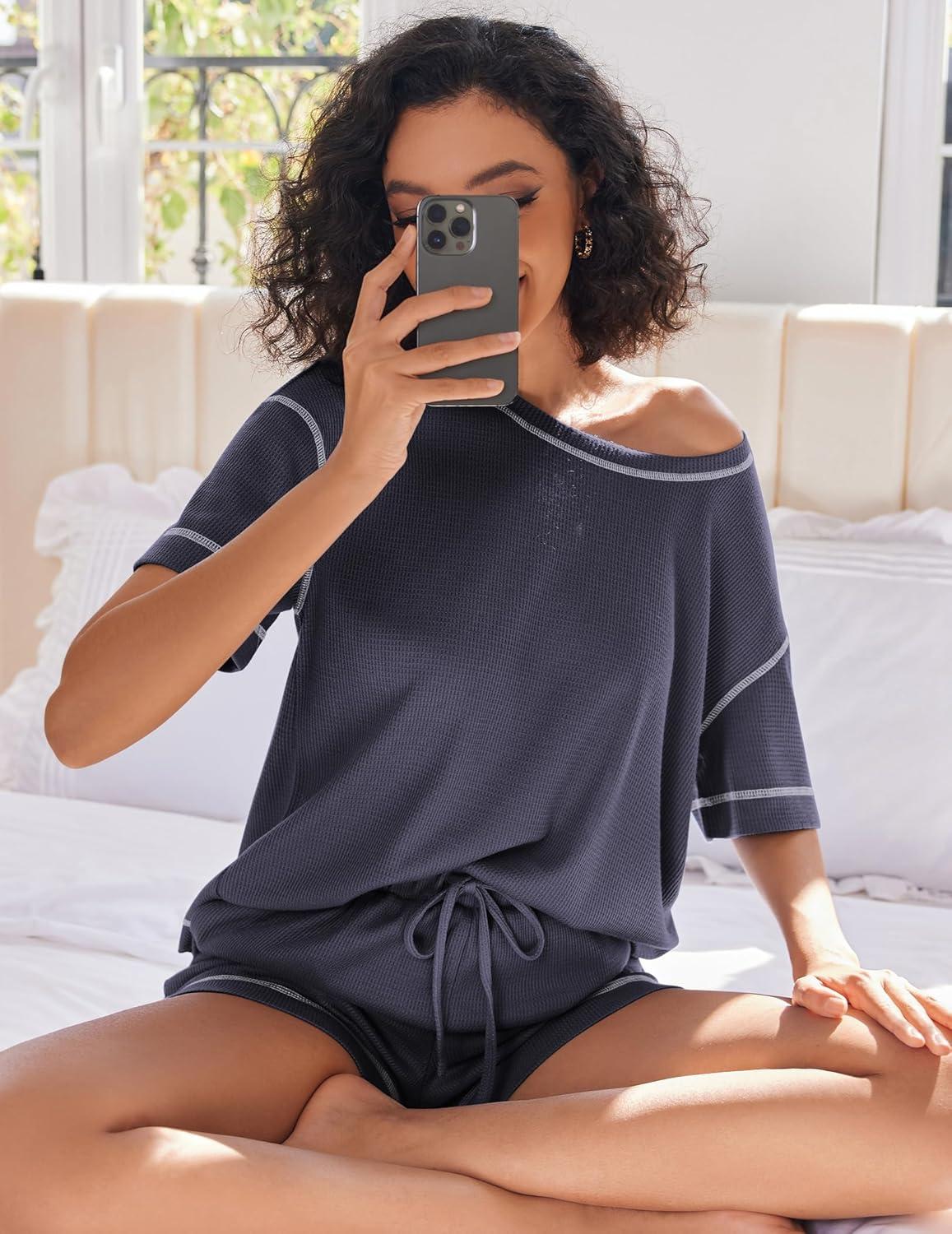 imageEkouaer Womens Waffle Knit Two Piece Lounge Set Soft Matching Outfits for Daily Wear Casual Shorts Set with PocketNavy Blue