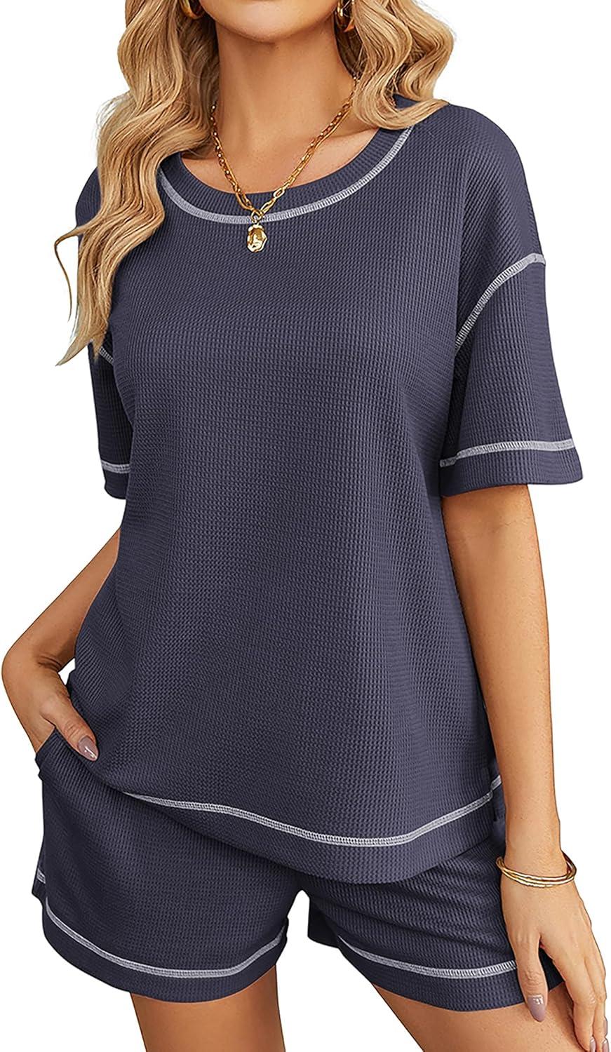 imageEkouaer Womens Waffle Knit Two Piece Lounge Set Soft Matching Outfits for Daily Wear Casual Shorts Set with PocketNavy Blue