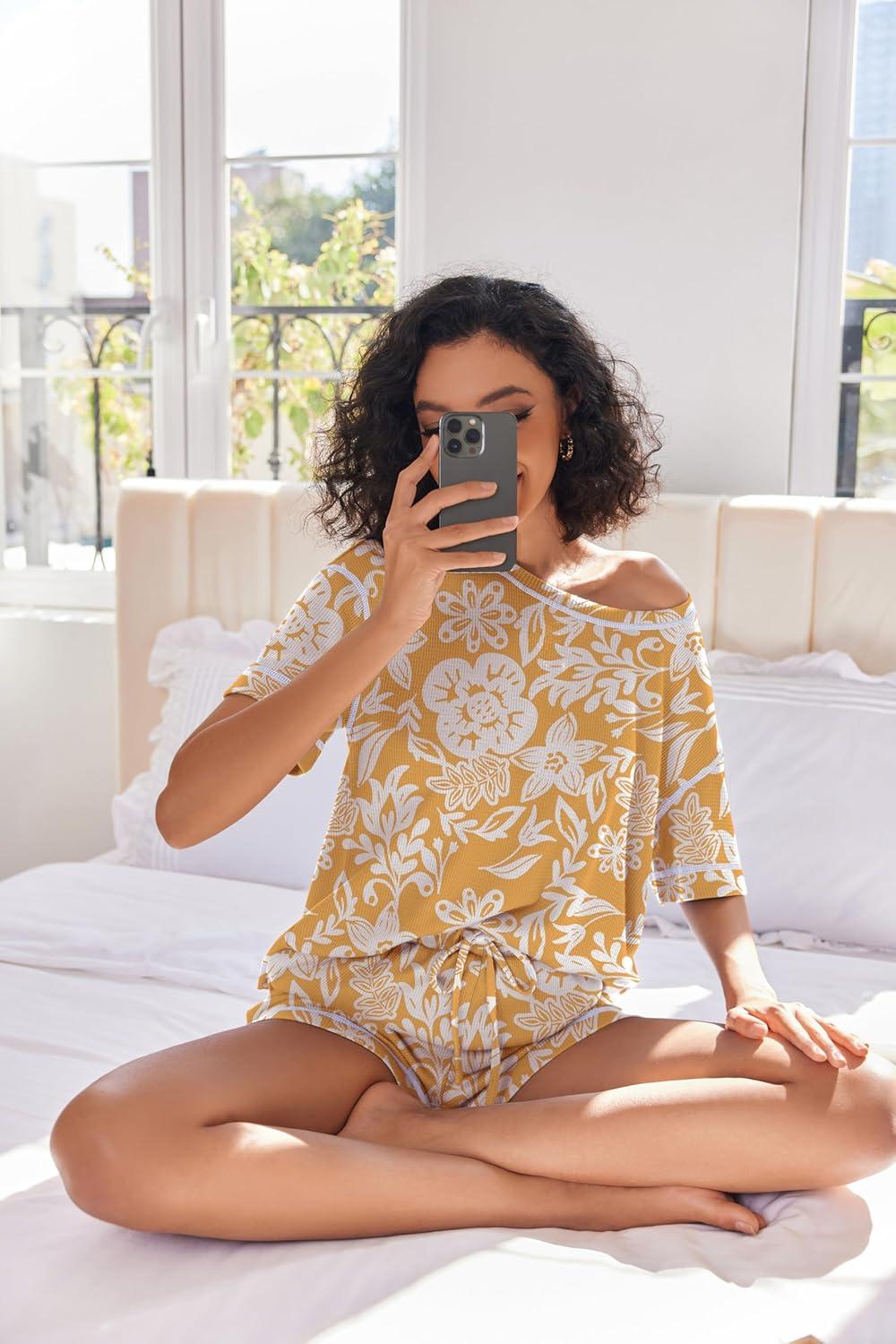 imageEkouaer Womens Waffle Knit Two Piece Lounge Set Soft Matching Outfits for Daily Wear Casual Shorts Set with PocketOrange Flowers