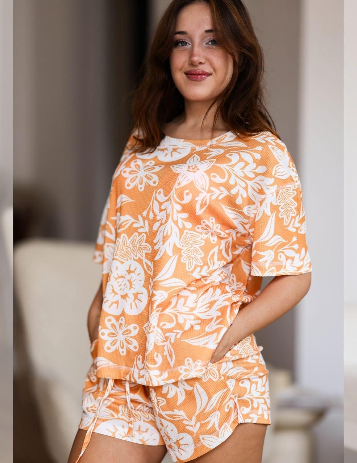 imageEkouaer Womens Waffle Knit Two Piece Lounge Set Soft Matching Outfits for Daily Wear Casual Shorts Set with PocketOrange Flowers