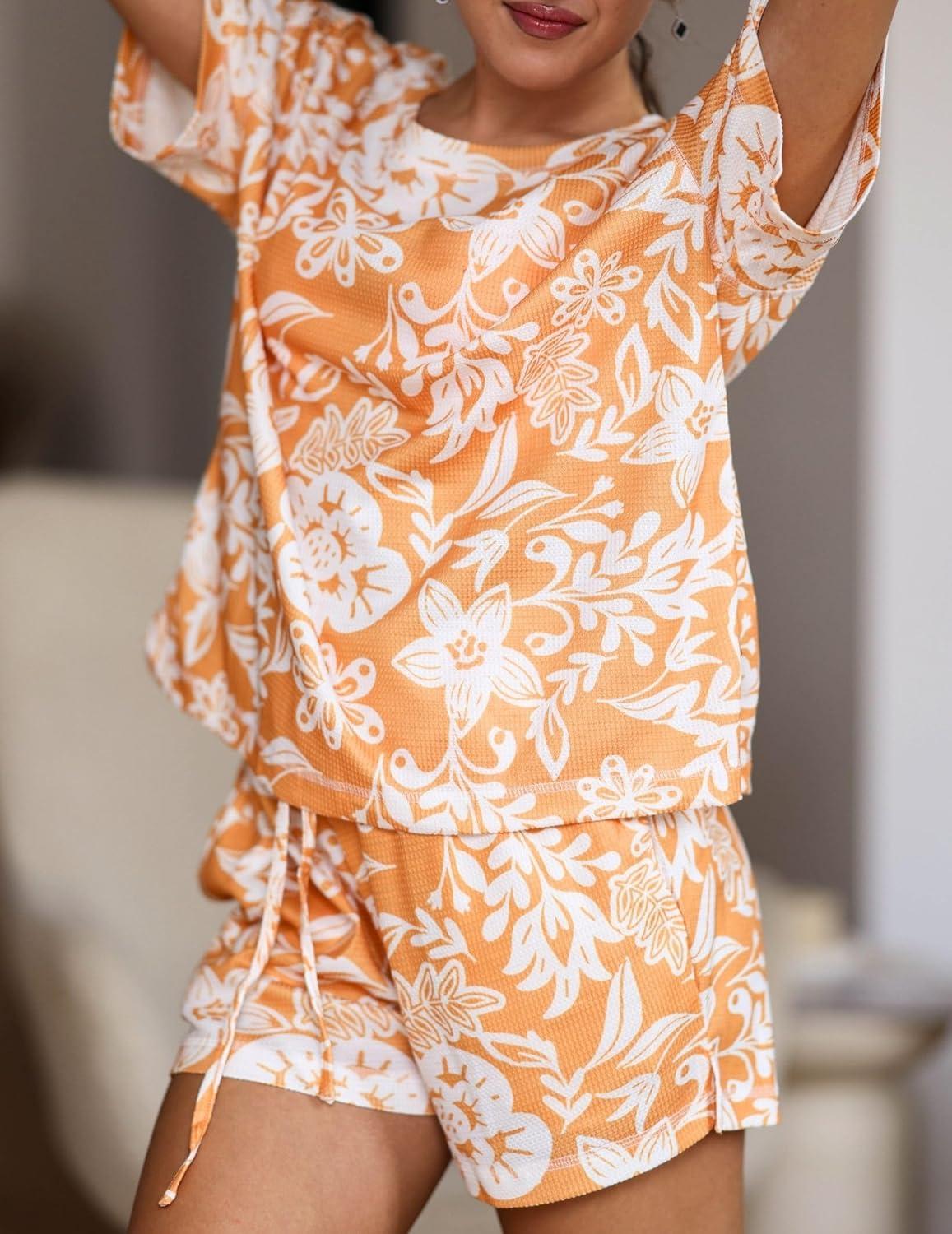 imageEkouaer Womens Waffle Knit Two Piece Lounge Set Soft Matching Outfits for Daily Wear Casual Shorts Set with PocketOrange Flowers