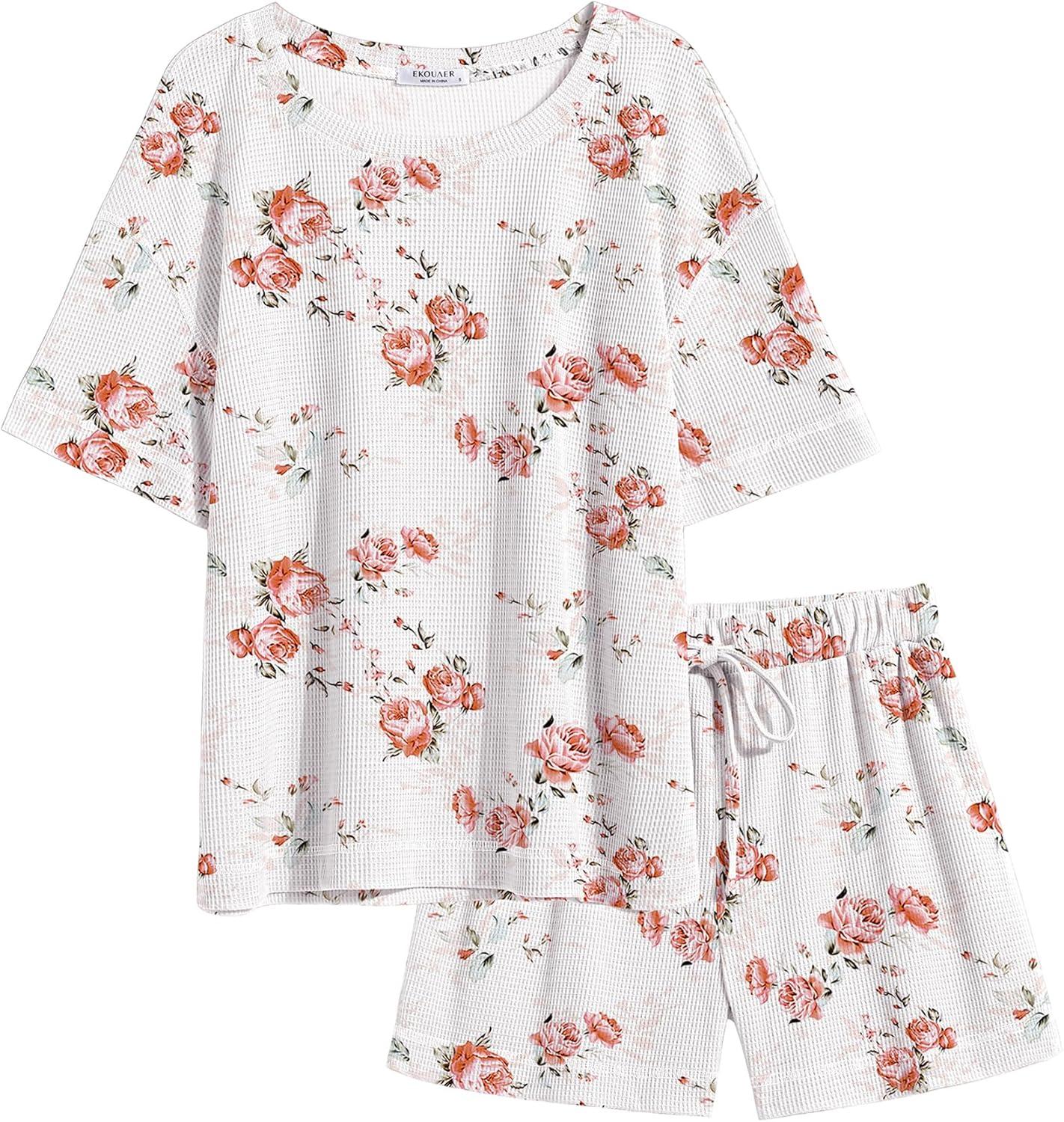 imageEkouaer Womens Waffle Knit Two Piece Lounge Set Soft Matching Outfits for Daily Wear Casual Shorts Set with PocketPink Flowers