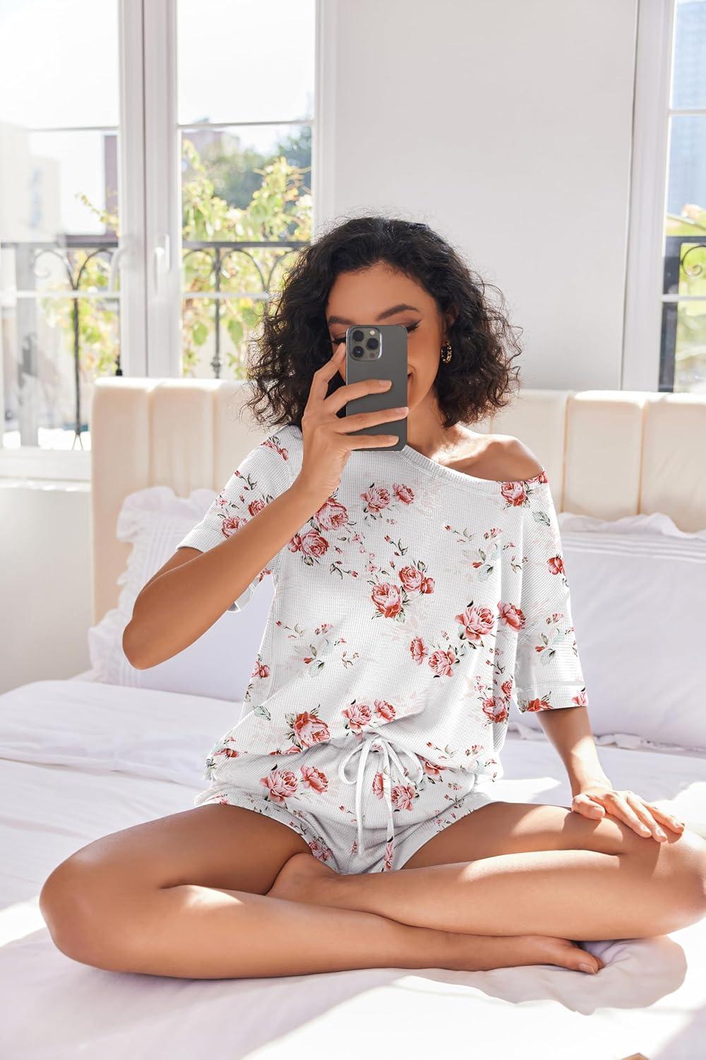 imageEkouaer Womens Waffle Knit Two Piece Lounge Set Soft Matching Outfits for Daily Wear Casual Shorts Set with PocketPink Flowers