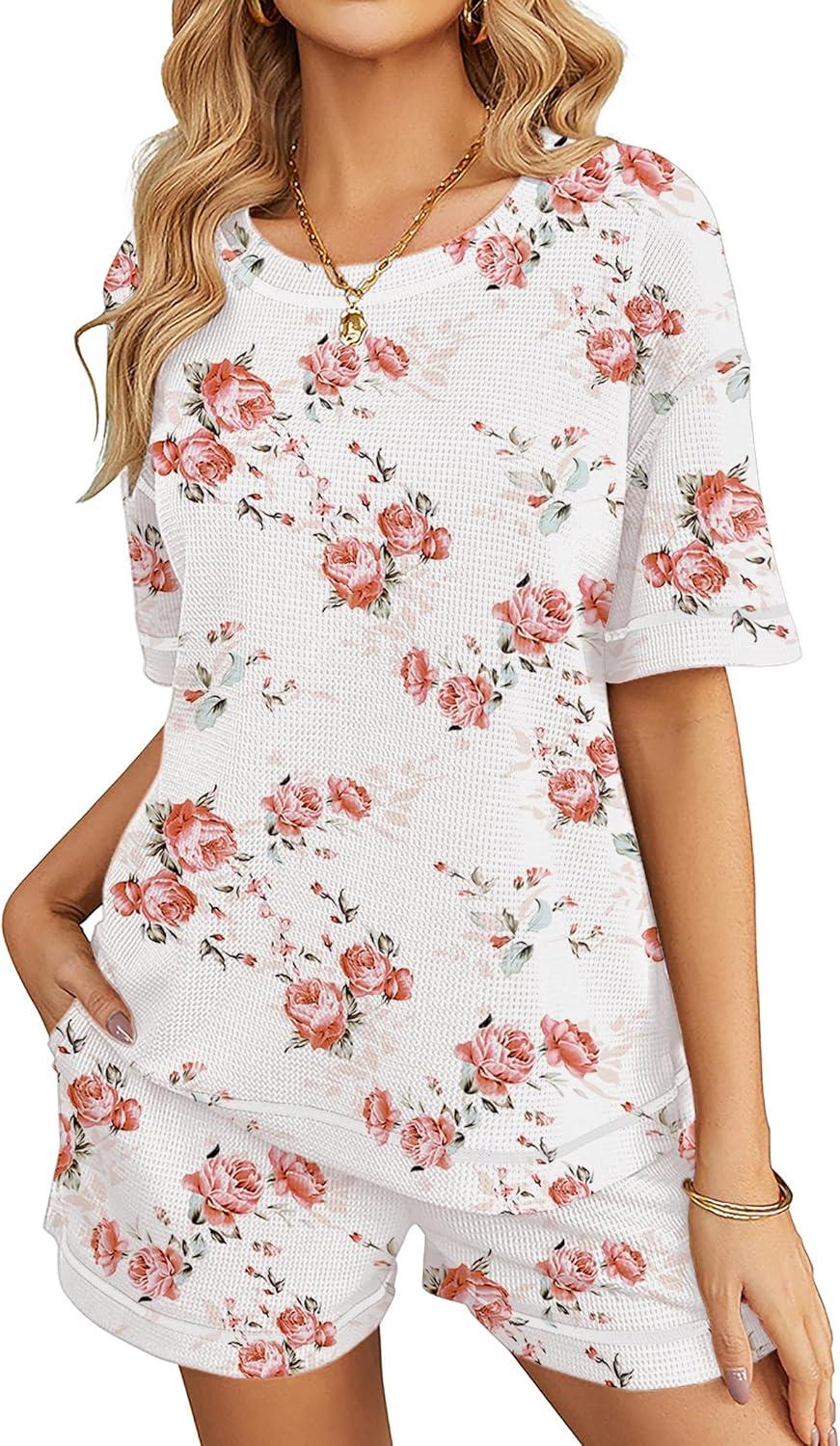 imageEkouaer Womens Waffle Knit Two Piece Lounge Set Soft Matching Outfits for Daily Wear Casual Shorts Set with PocketPink Flowers
