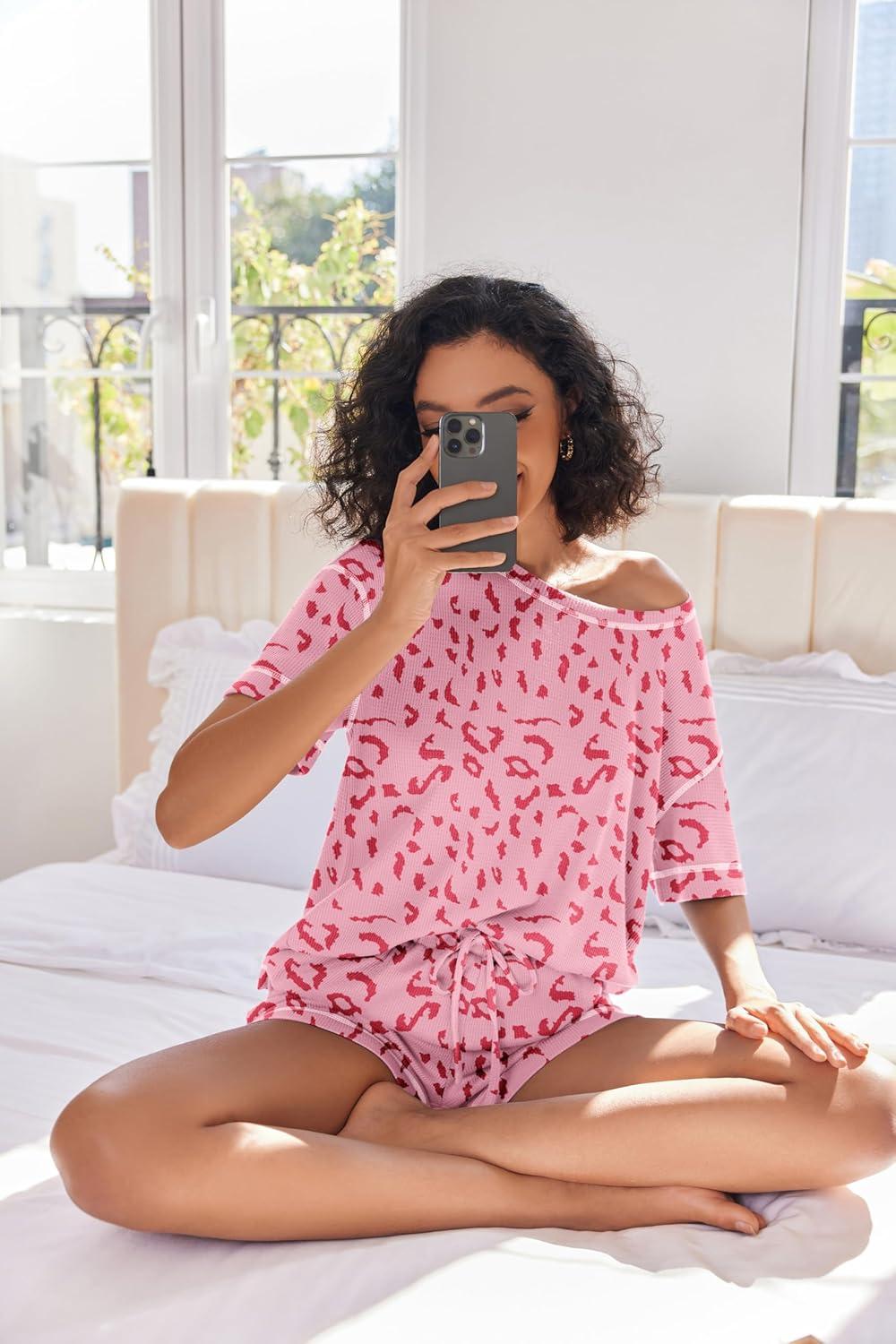 imageEkouaer Womens Waffle Knit Two Piece Lounge Set Soft Matching Outfits for Daily Wear Casual Shorts Set with PocketPink Leopard Print