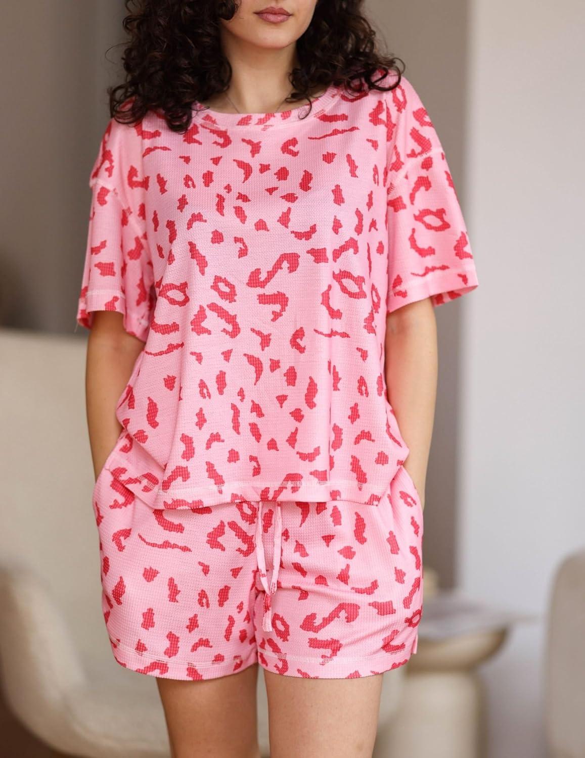 imageEkouaer Womens Waffle Knit Two Piece Lounge Set Soft Matching Outfits for Daily Wear Casual Shorts Set with PocketPink Leopard Print