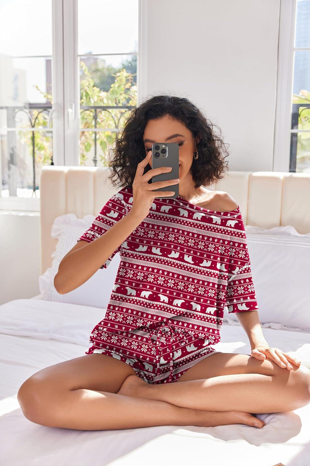 imageEkouaer Womens Waffle Knit Two Piece Lounge Set Soft Matching Outfits for Daily Wear Casual Shorts Set with PocketRed Elk