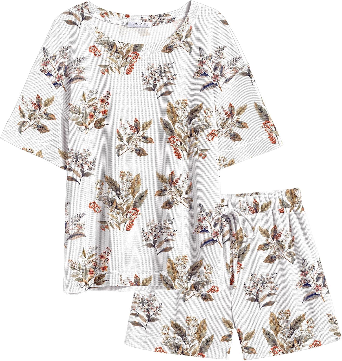 imageEkouaer Womens Waffle Knit Two Piece Lounge Set Soft Matching Outfits for Daily Wear Casual Shorts Set with PocketWhite Flowers