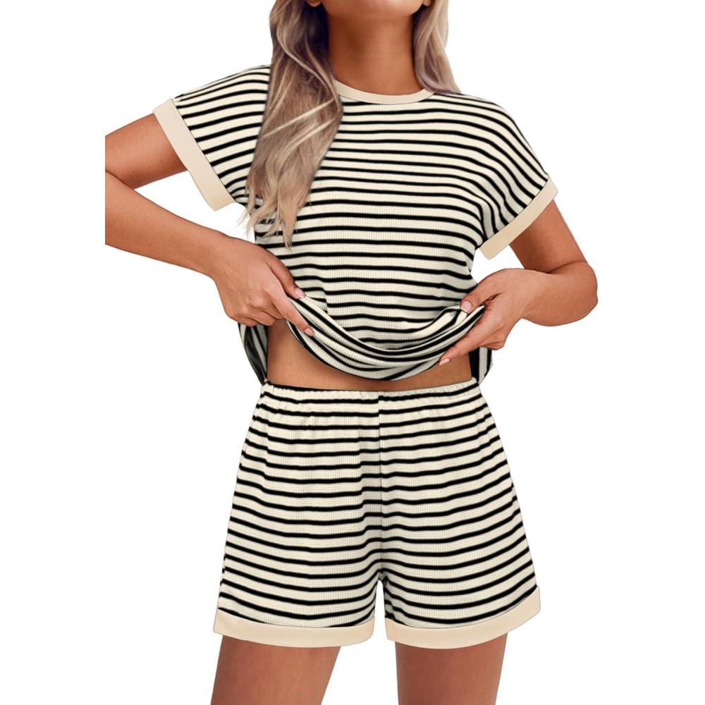 imageEKOUAER 2 Piece Sets for Women Summer Outfits Cute Stripe Knit T Shirts Shorts Matching Lounge SetBeige Striped
