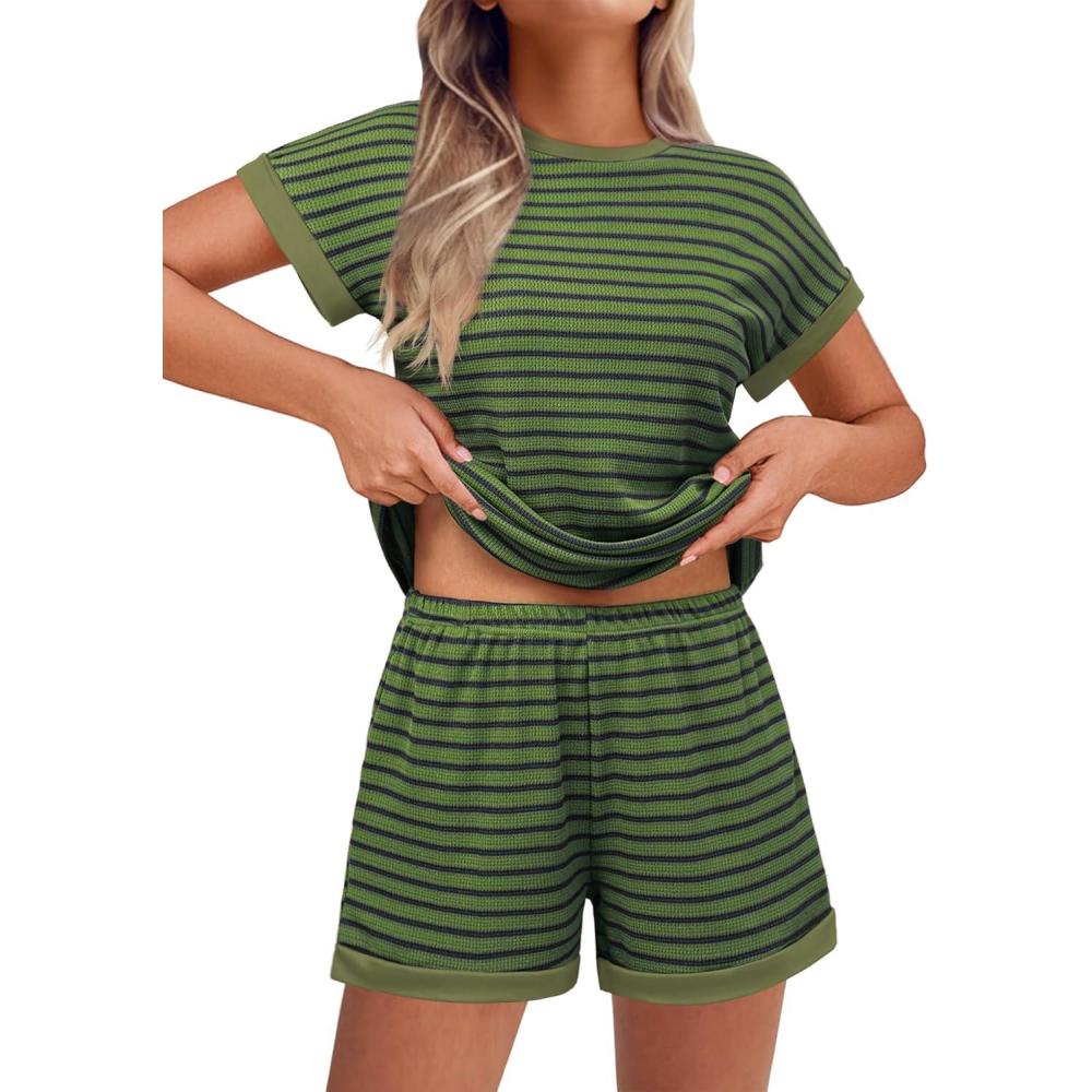 imageEKOUAER 2 Piece Sets for Women Summer Outfits Cute Stripe Knit T Shirts Shorts Matching Lounge SetGreen Striped