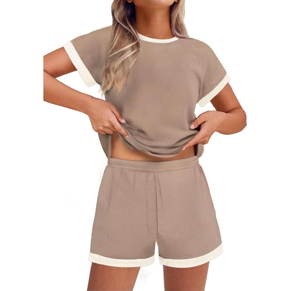 imageEKOUAER 2 Piece Sets for Women Summer Outfits Cute Stripe Knit T Shirts Shorts Matching Lounge SetKhaki