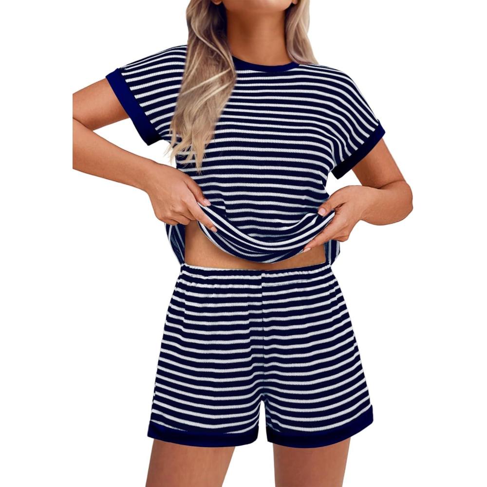 imageEKOUAER 2 Piece Sets for Women Summer Outfits Cute Stripe Knit T Shirts Shorts Matching Lounge SetNavy Striped