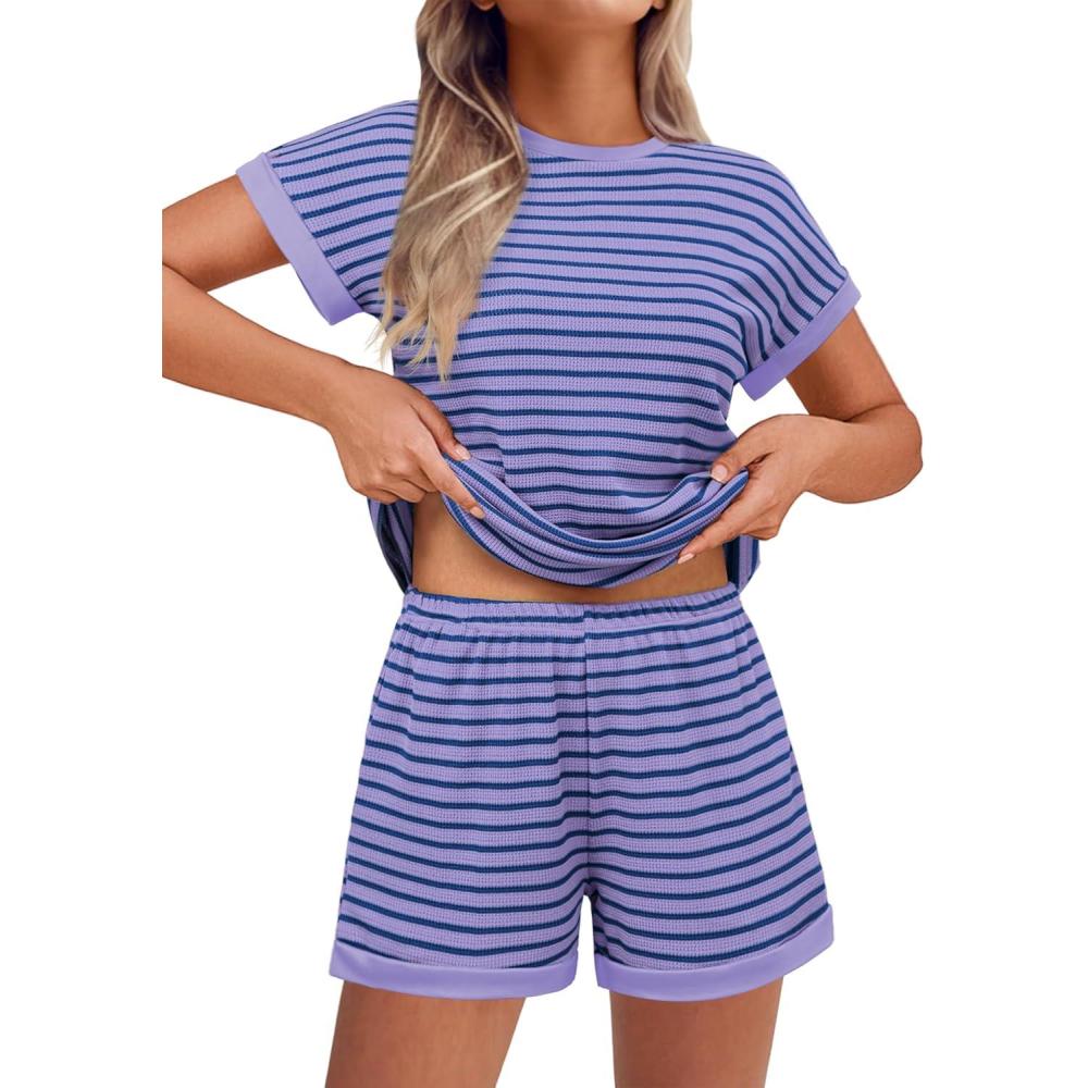 imageEKOUAER 2 Piece Sets for Women Summer Outfits Cute Stripe Knit T Shirts Shorts Matching Lounge SetPurple Striped