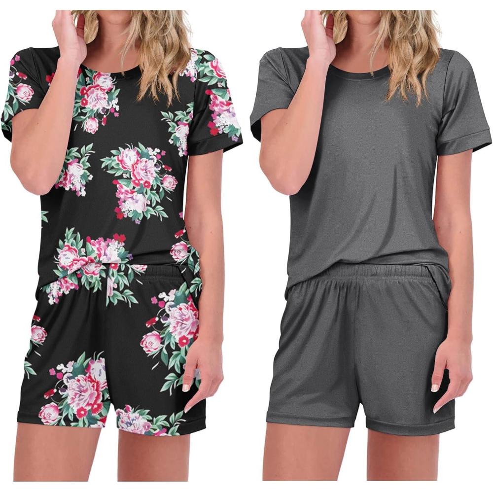 imageEkouaer 2 Pack Pajamas Short Sleeve Top with Shorts Sets Comfy Pjs Lounge Sets Sleepwear for WomenBlack FloralGrey
