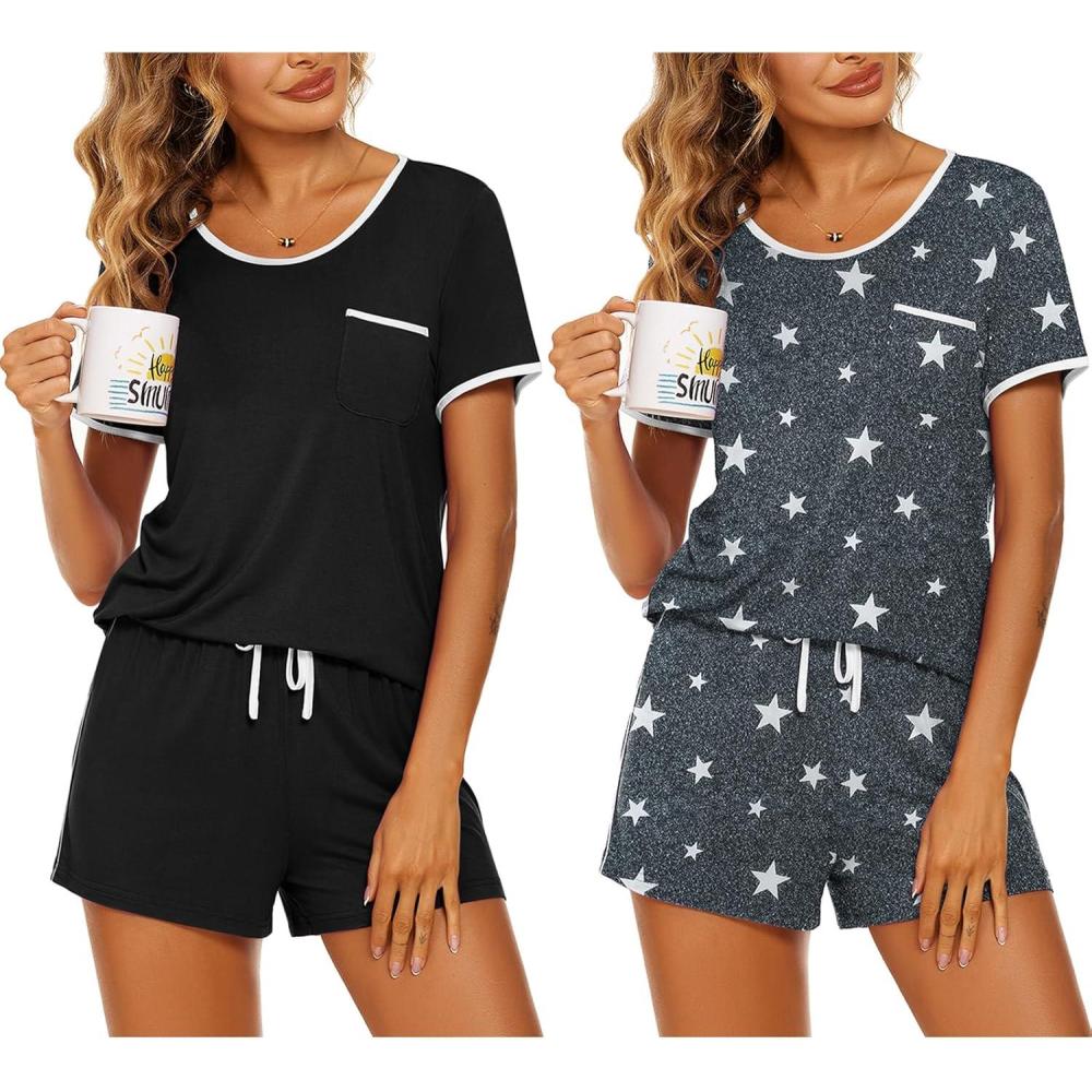 imageEkouaer 2 Pack Womens Pajama Sets Lightweight Summer Pajamas Short Sleeve Pj Top with Shorts Chest PocketBlackGrey Stars
