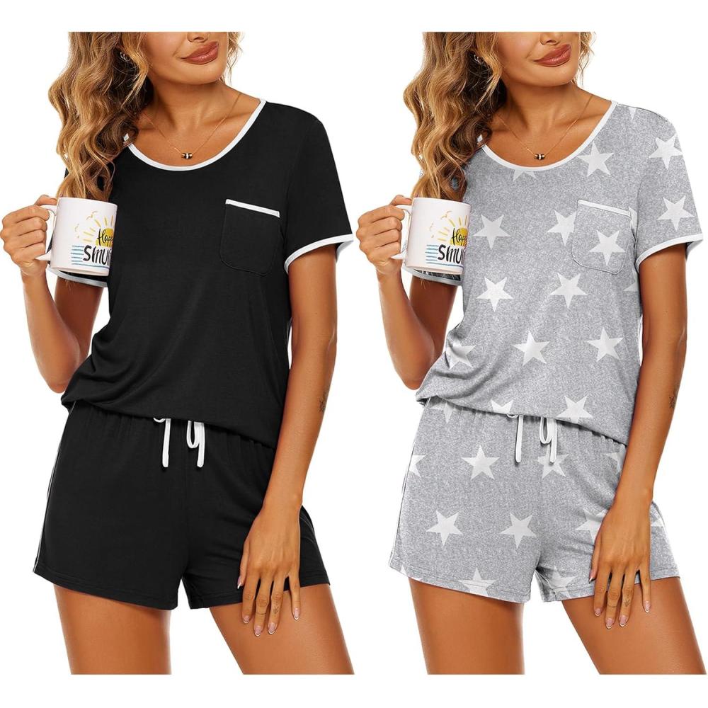imageEkouaer 2 Pack Womens Pajama Sets Lightweight Summer Pajamas Short Sleeve Pj Top with Shorts Chest PocketBlackLight Gary Stars
