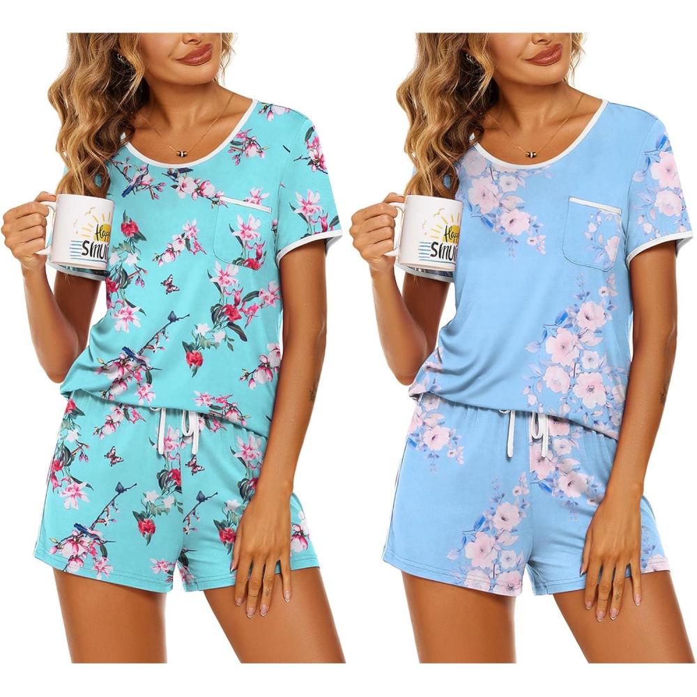 imageEkouaer 2 Pack Womens Pajama Sets Lightweight Summer Pajamas Short Sleeve Pj Top with Shorts Chest PocketBlue FlowerLight Blue Flower