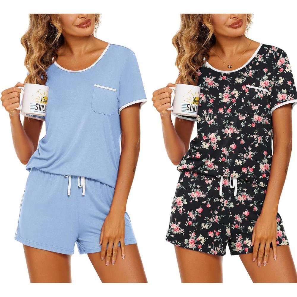 imageEkouaer 2 Pack Womens Pajama Sets Lightweight Summer Pajamas Short Sleeve Pj Top with Shorts Chest PocketLight BlueBlack Flower