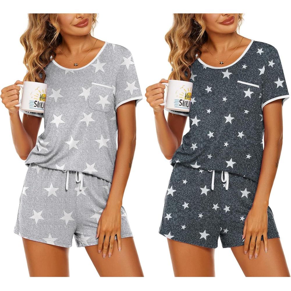 imageEkouaer 2 Pack Womens Pajama Sets Lightweight Summer Pajamas Short Sleeve Pj Top with Shorts Chest PocketLight Gary StarsGrey Stars