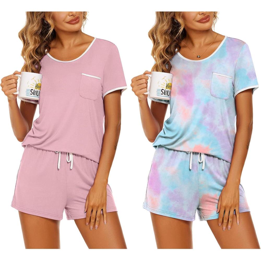 imageEkouaer 2 Pack Womens Pajama Sets Lightweight Summer Pajamas Short Sleeve Pj Top with Shorts Chest PocketPinkTie Dye