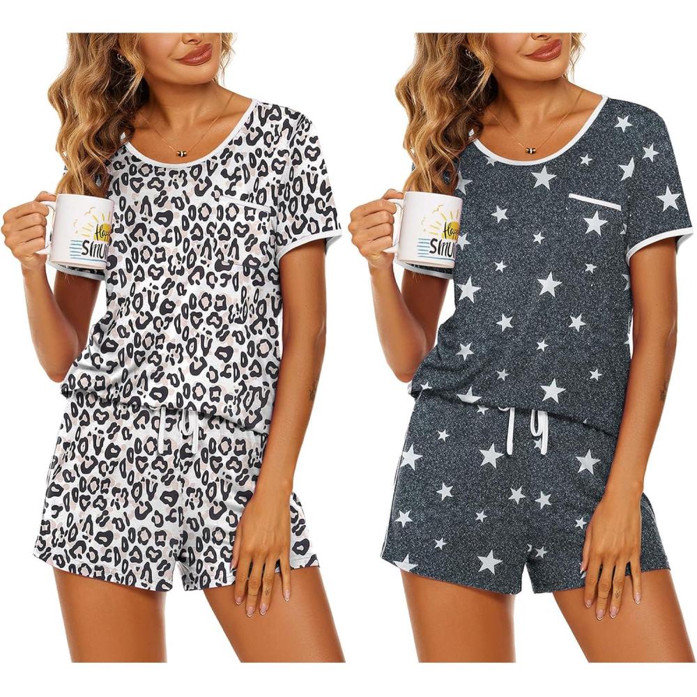 imageEkouaer 2 Pack Womens Pajama Sets Lightweight Summer Pajamas Short Sleeve Pj Top with Shorts Chest PocketWhite LeopardGrey Stars
