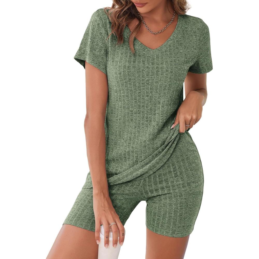 imageEkouaer Biker Short Sets Women 2 Piece Outfits Ribbed Pajama Short Sleeve Workout SetDark Green