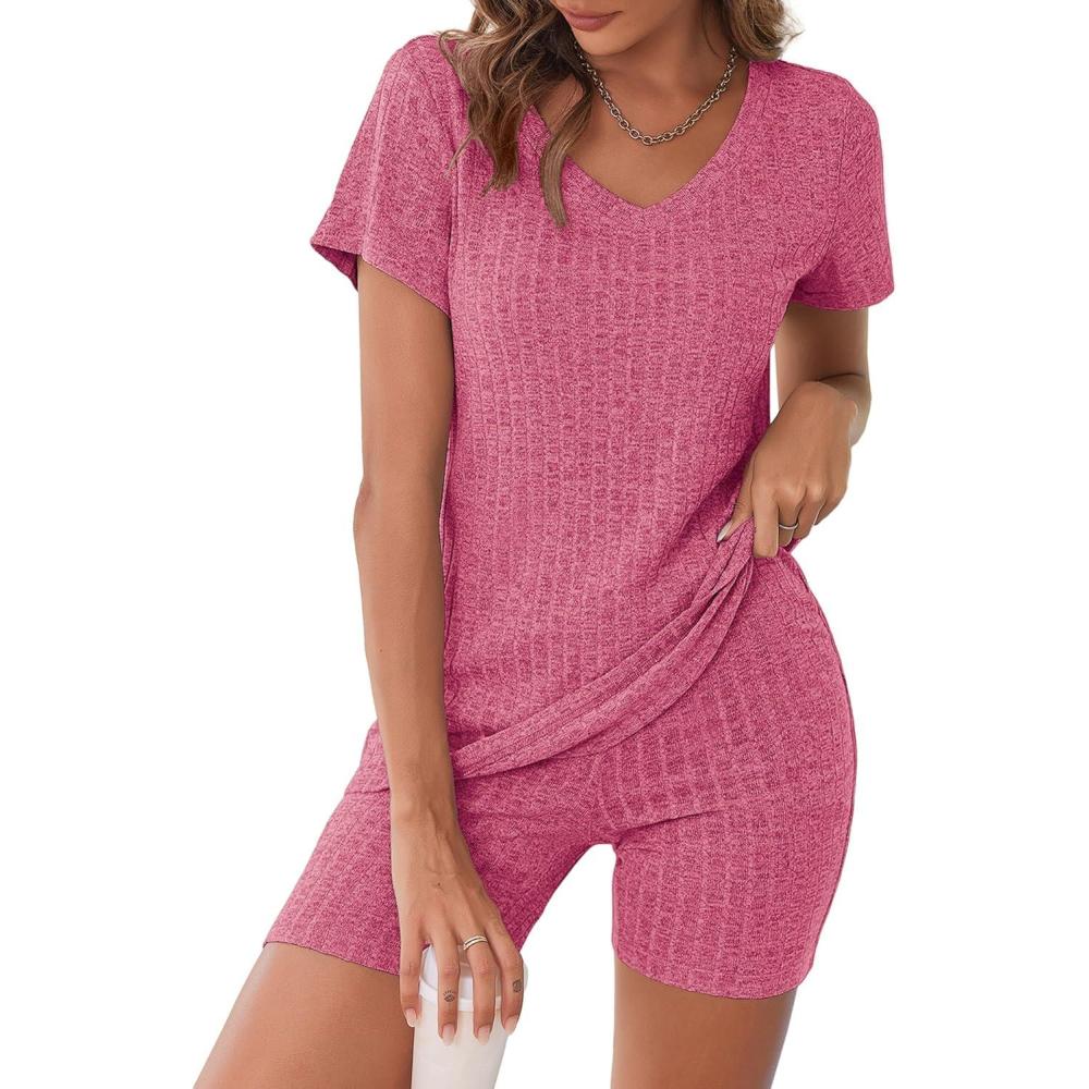 imageEkouaer Biker Short Sets Women 2 Piece Outfits Ribbed Pajama Short Sleeve Workout SetRose Red