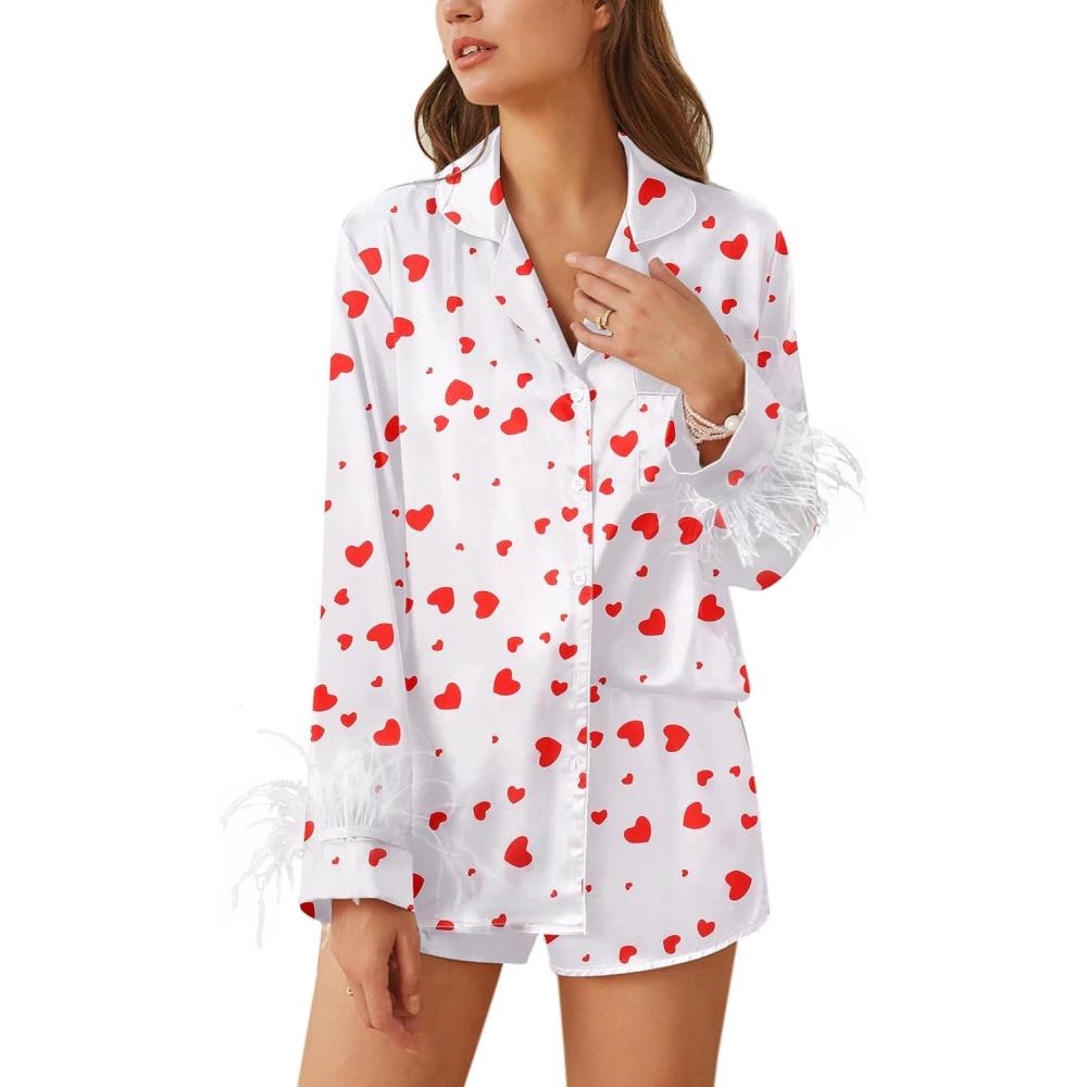 imageEkouaer Bridal Feather Pajamas Set Silk Satin Valentines Pj Sets Wedding Pjs Sleepwear with Removable Feather TrimHeart Print