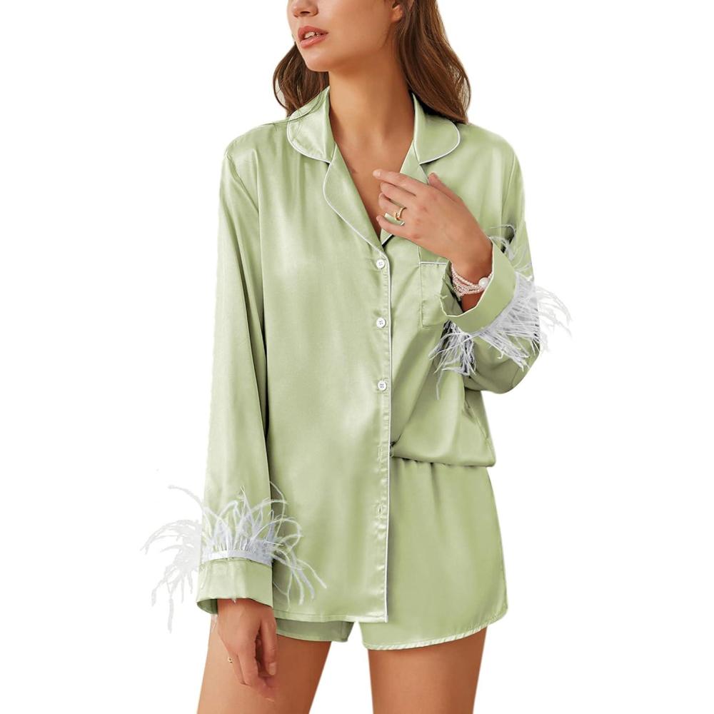 imageEkouaer Bridal Feather Pajamas Set Silk Satin Valentines Pj Sets Wedding Pjs Sleepwear with Removable Feather TrimLight Green