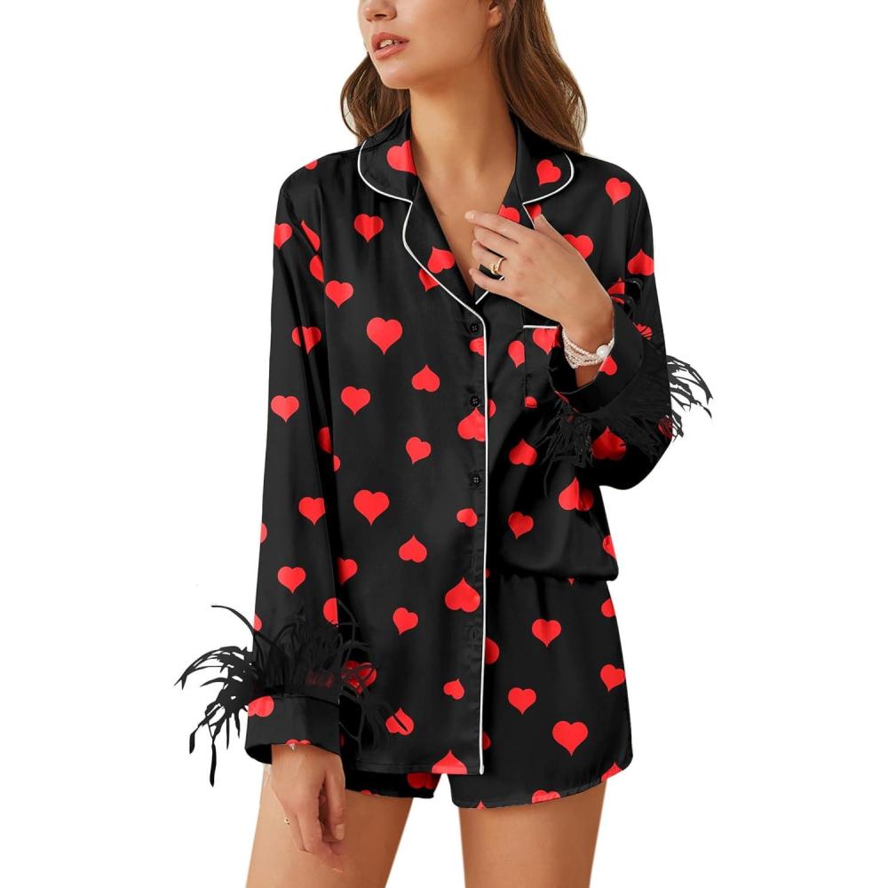 imageEkouaer Bridal Feather Pajamas Set Silk Satin Valentines Pj Sets Wedding Pjs Sleepwear with Removable Feather TrimRed Heart